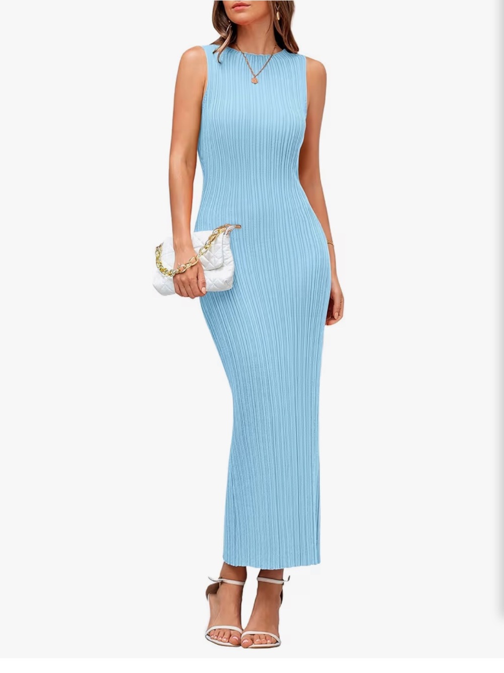 PRETTYGARDEN Light Blue Ribbed Knit Sleeveless Bodycon Maxi Dress S